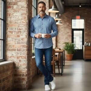 Men's Express Blue Gingham Fitted Dress Shirt Button Up‎ Size M 15 15 1/2"